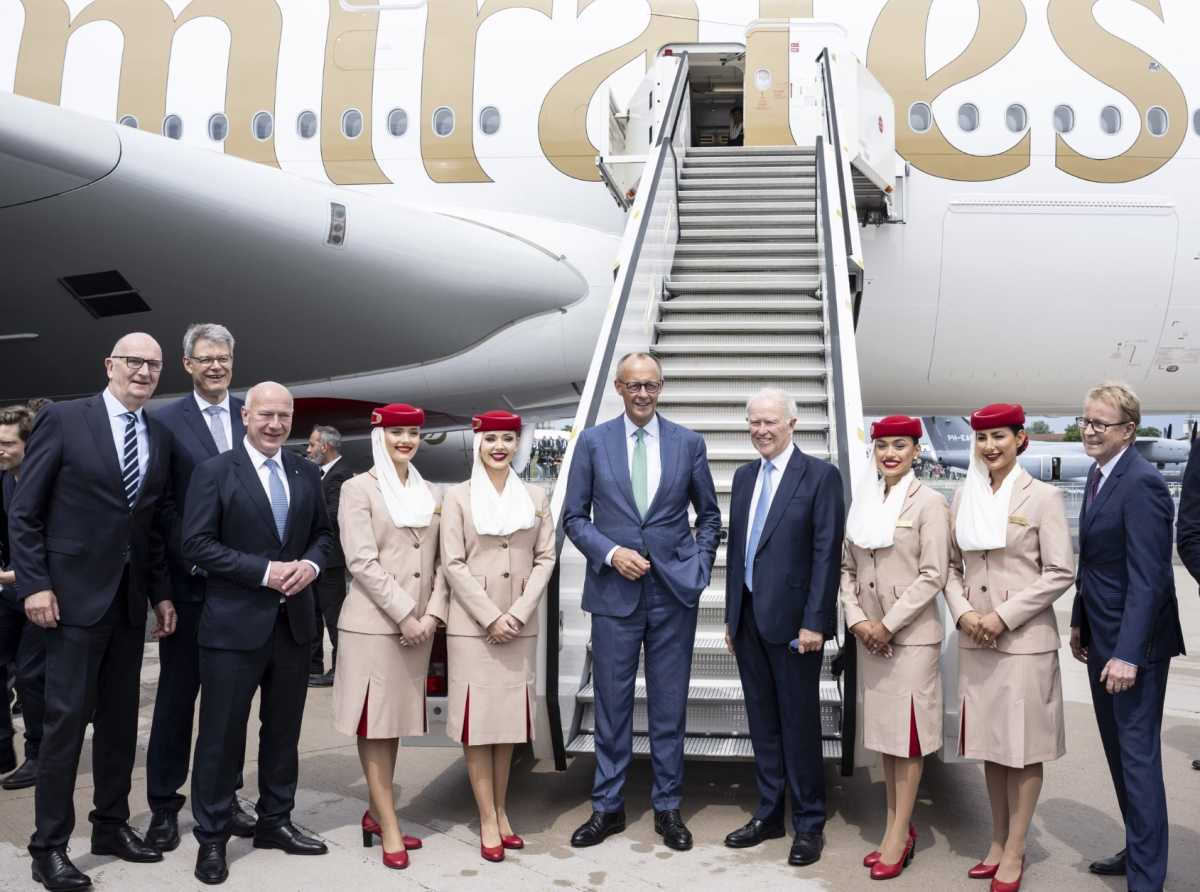 German Chancellor Friedrich Merz Tours Emirates A380 at ILA Berlin
