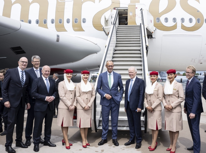 German Chancellor Friedrich Merz Tours Emirates A380 at ILA Berlin